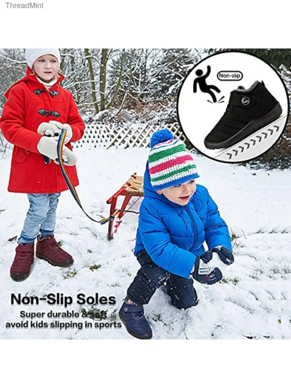 Kids Winter Snow Boots Fur Lined Waterproof Slip On Ankle Boots